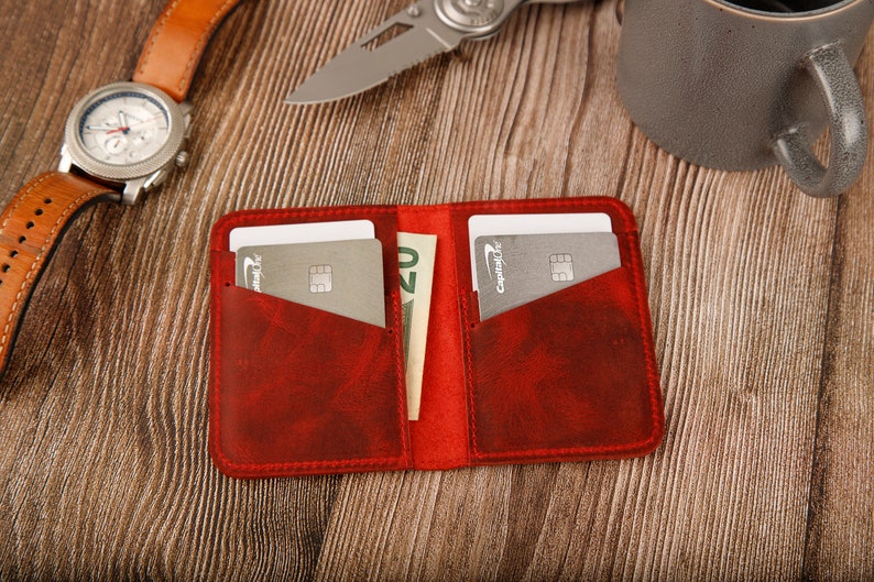Leather Minimalist Wallet Personalized Card Holder Ultra Slim Wallet Men's Wallet Women's Wallet, Red image 4