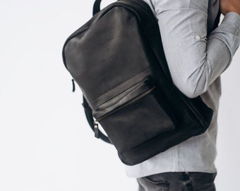 Schwarzer Leder Rucksack, Laptop Rucksack, Leder Rucksack Männer, Minimalistischer Rucksack, Rucksack, Reiserucksack