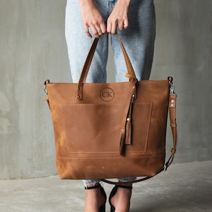 Leather laptop tote bag, Crossbody leather tote bag, Personalized leather tote, Handmade leather tote bag, Tote bag with shoulder strap