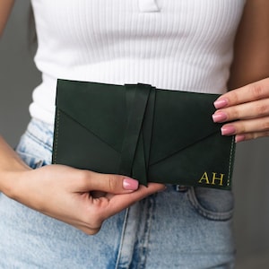 Cartera de mano de cuero para mujer, Cartera de mano personalizada, Cartera de sobre de cuero, Cartera de cuero larga para mujer, Cartera de cuero para efectivo