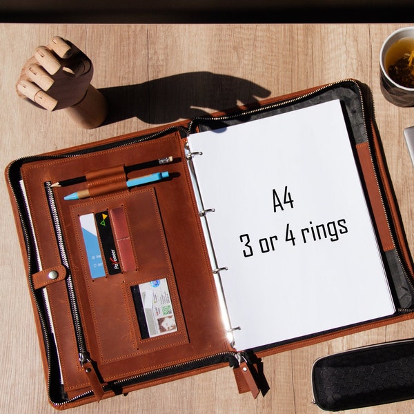 Personalized Leather Portfolio With Zipper - Vegan Leather Padfolio & 3-Ring Binder For Business