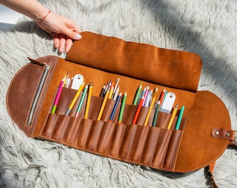 Engraved leather pencil roll, Travel pencil holder, Custom pencil roll, Roll up pencil case, Leather paint brush roll, Artist tool roll
