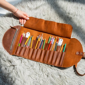 Engraved leather pencil roll, Travel pencil holder, Custom pencil roll, Roll up pencil case, Leather paint brush roll, Artist tool roll
