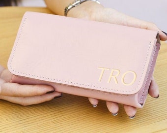 Cartera de piel para mujer color rosa, Cartera de piel para aniversario, Regalos personalizados para mujer, Monedero de piel, Regalo de piel para su cartera
