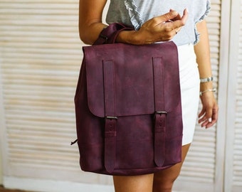 Leather backpack, Backpack women laptop, Vintage backpack, Rucksack, Purple backpack, Backpacl purse