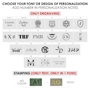 May include: A chart showing different font and design options for personalization. The chart is divided into two sections: "Only Engraving" and "Stamping (Only Text, Only in 1 Font)". The engraving options include various designs, such as a firefighter's helmet, a police badge, and a sheriff's star. The stamping options include a variety of fonts and designs, such as "AI" and "XO".
