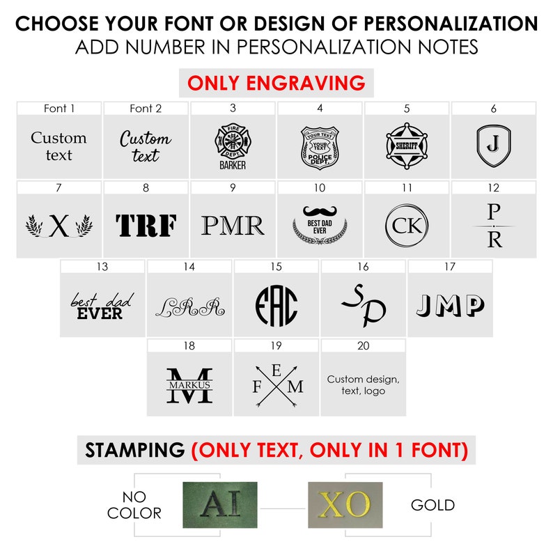 May include: A chart showing different font and design options for personalization. The chart is divided into two sections: "Only Engraving" and "Stamping (Only Text, Only in 1 Font)". The engraving options include various designs, such as a firefighter's helmet, a police badge, and a sheriff's star. The stamping options include a variety of fonts and designs, such as "AI" and "XO".
