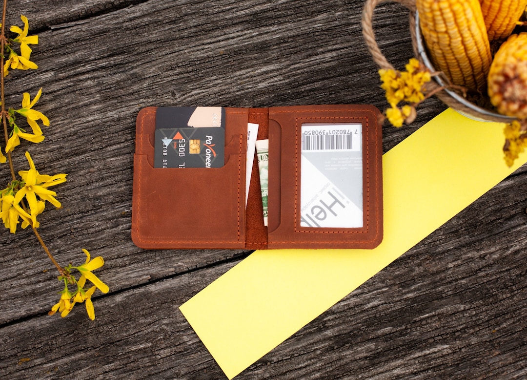 Leather Wallet With Id Window, Engraved Slim Wallet, Handmade Wallet