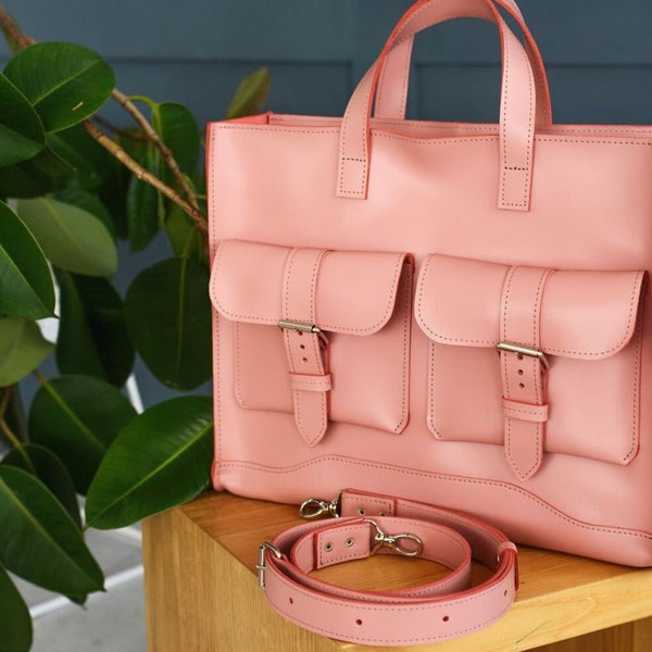 Pink bag leather,Messenger bag women laptop,Leather satchel bag women,Leather work bag for women, Leather bag with pockets