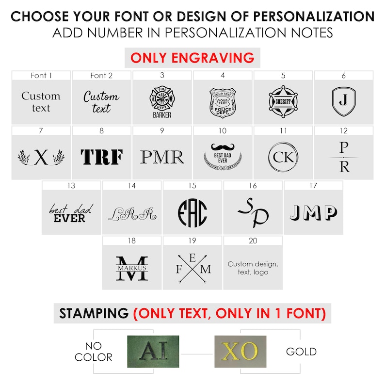 May include: Image showcasing various engraving and stamping options for personalization. Includes fonts, initials, and symbols like badges and emblems. Text options include "Custom text" and "Best Dad Ever". Stamping options are also shown.