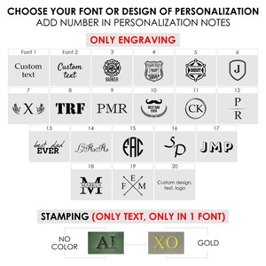 May include: A chart showing different font and design options for personalization. The chart is divided into two sections: "Only Engraving" and "Stamping (Only Text, Only in 1 Font)". The engraving options include various designs, such as a firefighter emblem, a police badge, and a sheriff's star. The stamping options include text in different fonts, such as "AI" and "XO".