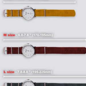 May include: Three wristwatches with different colored leather bands, each with a white face and silver hands. The bands are yellow, burgundy, and black. The text below each watch indicates the size in inches and millimeters: S size - 6-6.9" (150-175mm), M size - 6.8-7.8" (170-195mm), L size - 7.8-8.8" (195-225mm).