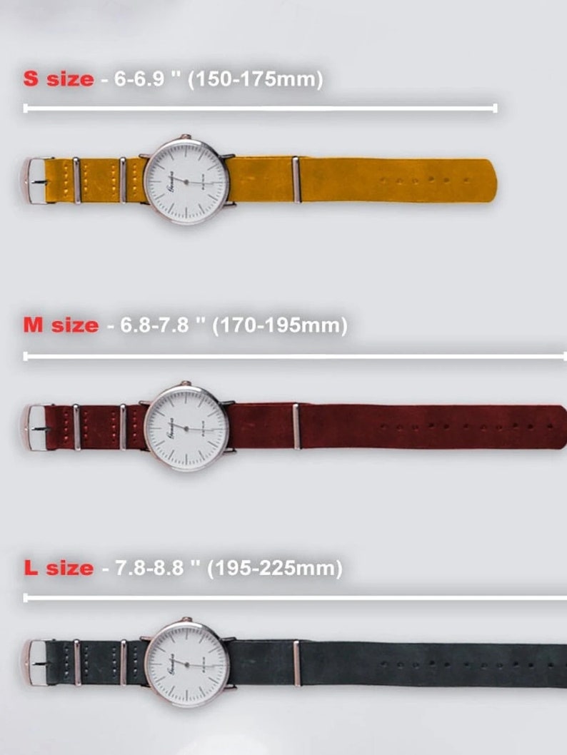 May include: Three wristwatches with different colored leather bands, each with a white face and silver hands. The bands are yellow, burgundy, and black. The text below each watch indicates the size in inches and millimeters: S size - 6-6.9" (150-175mm), M size - 6.8-7.8" (170-195mm), L size - 7.8-8.8" (195-225mm).