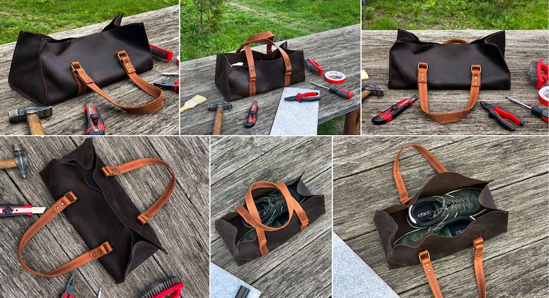 Pode incluir: Uma bolsa de ferramentas de couro castanho escuro com duas al&ccedil;as de couro bege presas por rebites met&aacute;licos. A bolsa retangular tem um design aberto e &eacute; mostrada de v&aacute;rios &acirc;ngulos, incluindo vistas com t&eacute;nis verdes no seu interior.