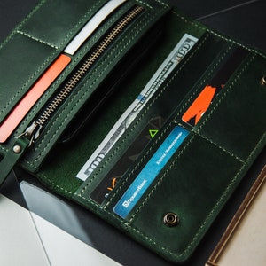 Cartera larga de piel hecha a mano, Cartera larga personalizada, Cartera de piel con grabado, Cartera de piel plegable para mujer, Cartera larga personalizada