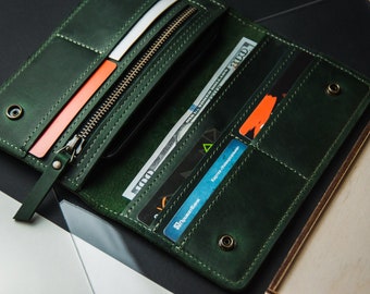 Cartera larga de piel hecha a mano, Cartera larga personalizada, Cartera de piel con grabado, Cartera de piel plegable para mujer, Cartera larga personalizada