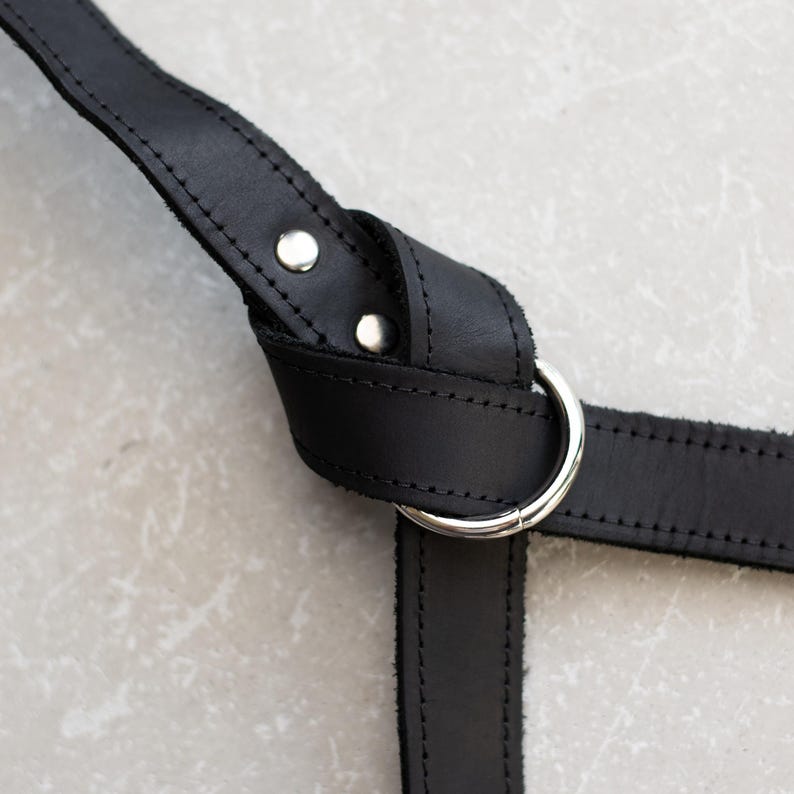 May include: Close-up of a black leather strap with a silver metal ring. The strap is stitched with a black thread and has two silver metal rivets.