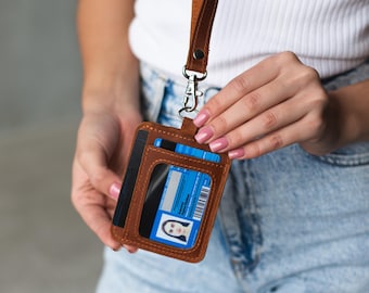 Personalized leather id holder, Leather badge lanyard, Engraved badge holder, Id card holder with lanyard, Work badge holder, Id card case