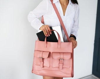 Women laptop bag, Satchel women, Pink leather bag, Tan Portfolio Messenger, Leather bag handmade, Messenger bag women, Genuine leather bag