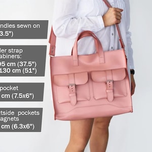 May include: A blush pink leather tote bag with two front pockets and a shoulder strap. The bag has top handles sewn on 3.5 inches. The shoulder strap is adjustable from a minimum of 37.5 inches to a maximum of 51 inches. Inside pocket is 7.5x6 inches.