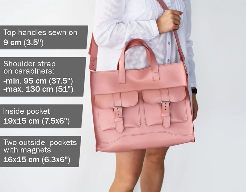 May include: A blush pink leather tote bag with two front pockets and a shoulder strap. The bag has top handles sewn on 3.5 inches. The shoulder strap is adjustable from a minimum of 37.5 inches to a maximum of 51 inches. Inside pocket is 7.5x6 inches.