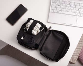 Leather travel tech organizer,Tech accessories case,Tech organizer travel bag,Cable organizer leather,Gadget bag,Travel tech case