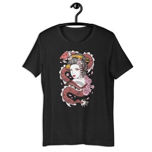 Japanese Geisha T-Shirt with Red Dragon Flower Design - Unisex, Multiple Colors & Sizes Available