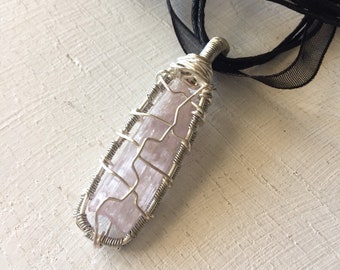 Raw Pink Kunzite Necklace, Crystal Pendant, Pink Gemstone Jewelry, Kunzite Pendant, Pink Kunzite Stone, Wire Wrapped Kunzite Necklace