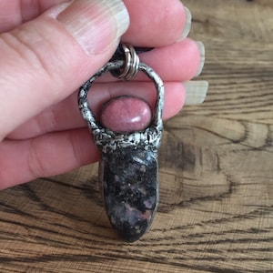 Rhodonite Pendant, Crystal Necklace, Rhodonite Stone Jewelry, Rhodonite Crystal Necklace, Solder Crystal Statement Pendant, Unique Jewelry