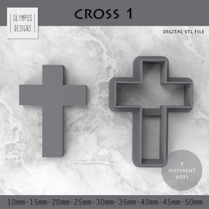 May include: A digital STL file for a 3D printable cross design. The image shows two different views of the cross, one with a solid design and one with an outline. The text "CROSS 1" and "DIGITAL STL FILE" are visible in the image. The image also includes the text "9 DIFFERENT SIZES" and a list of sizes in millimeters: 10mm, 15mm, 20mm, 25mm, 30mm, 35mm, 40mm, 45mm, and 50mm.