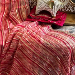 Organza Saree with stripes, sequin and gota lace - baby pink