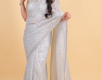 Organza with sequin, pearl work - Grey Color