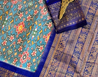 Pochumpally Ikkat Pure silk handloom saree with kanchi border and pallu - Blue