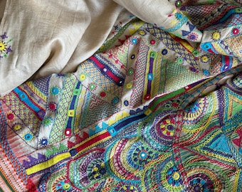 Lambani hand embroidery with mirror detailing on vidharba tussar - Beige