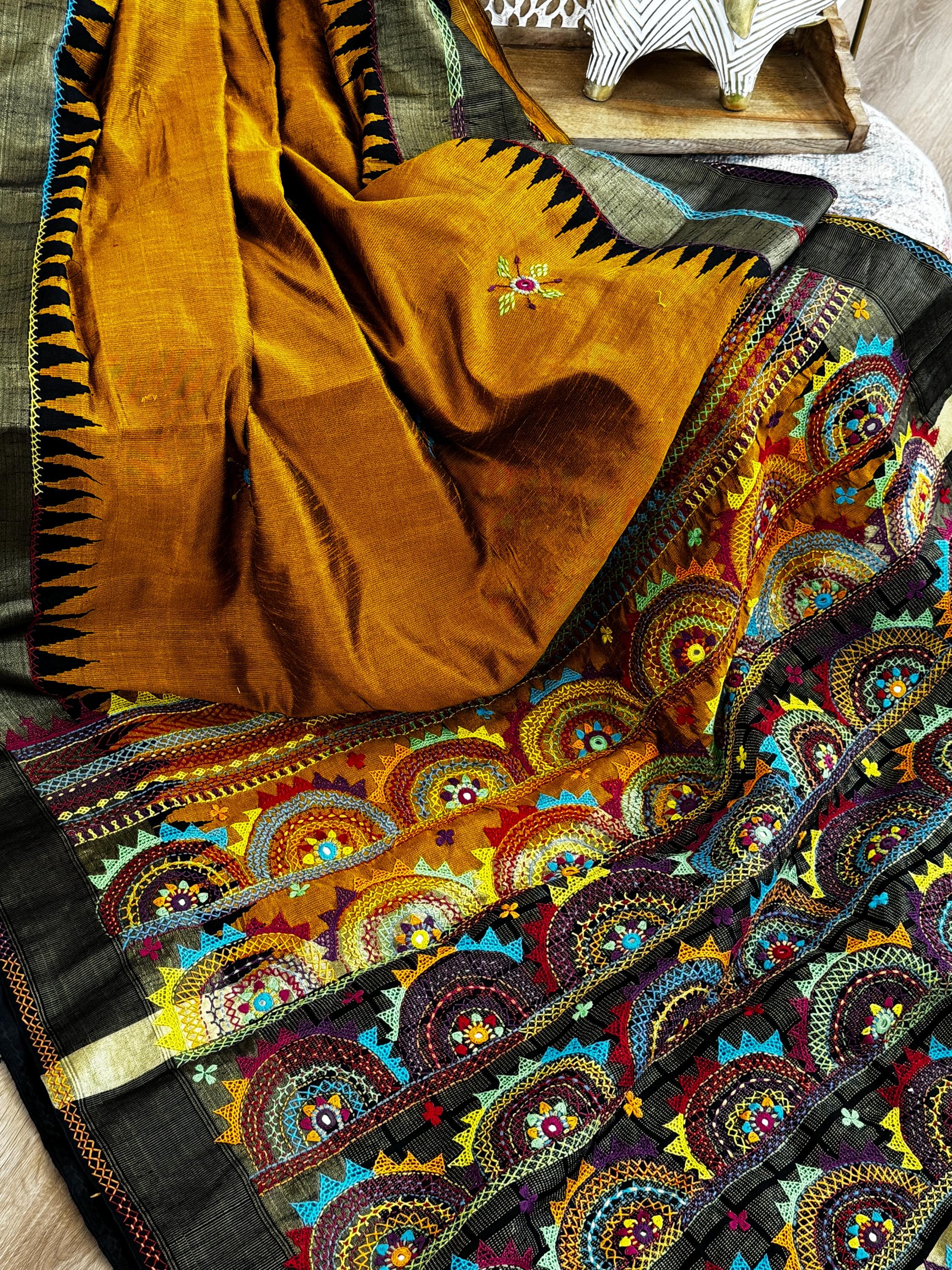 Lambani Embroidery on raw silk saree - mustard