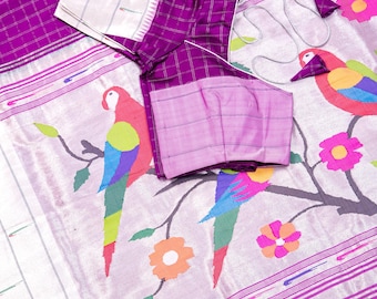 Paithani Saree with Triple Muniya border checker body and parrot pallu - purple