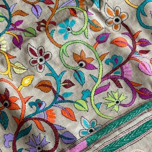 Beige - Tussar Silk Bengal Kantha Work Cushion Cover 17