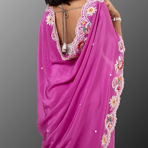 Hand Parsi Gara Embroidery on pure crepe silk - Pink Purple