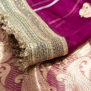 Banarasi Handwoven Tissue Silk Saree with gota lace - reddish pink