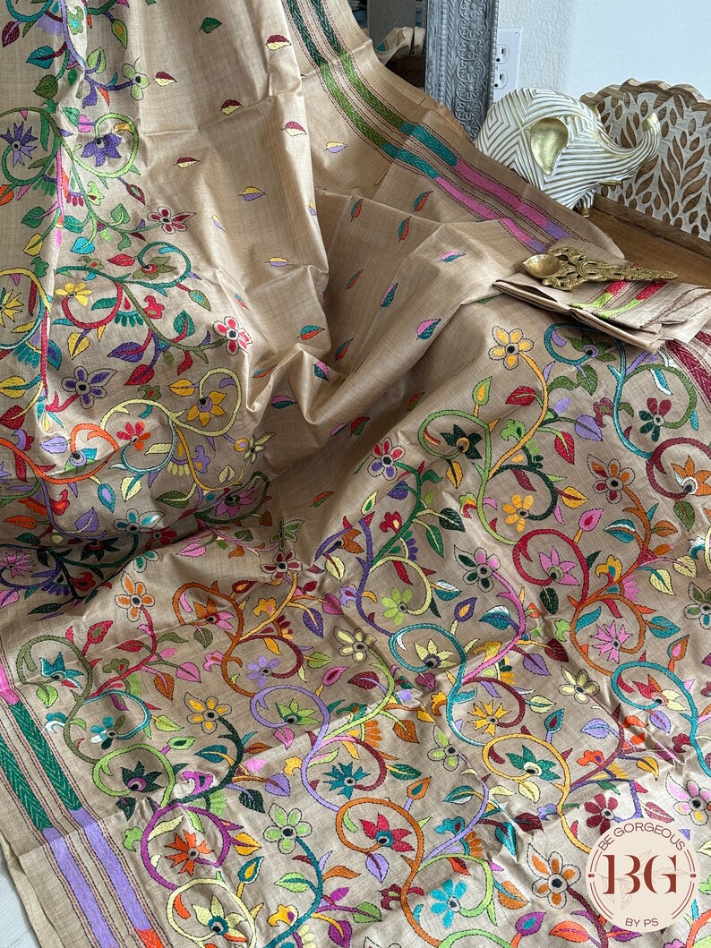 Beige - Tussar Silk Bengal Kantha Work Cushion Cover 17