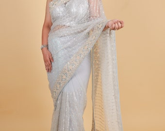 Net designer saree with thread embroidery and sequin work - bluish grey color