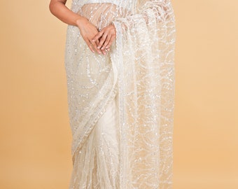 Net designer Saree with sequin work - off white