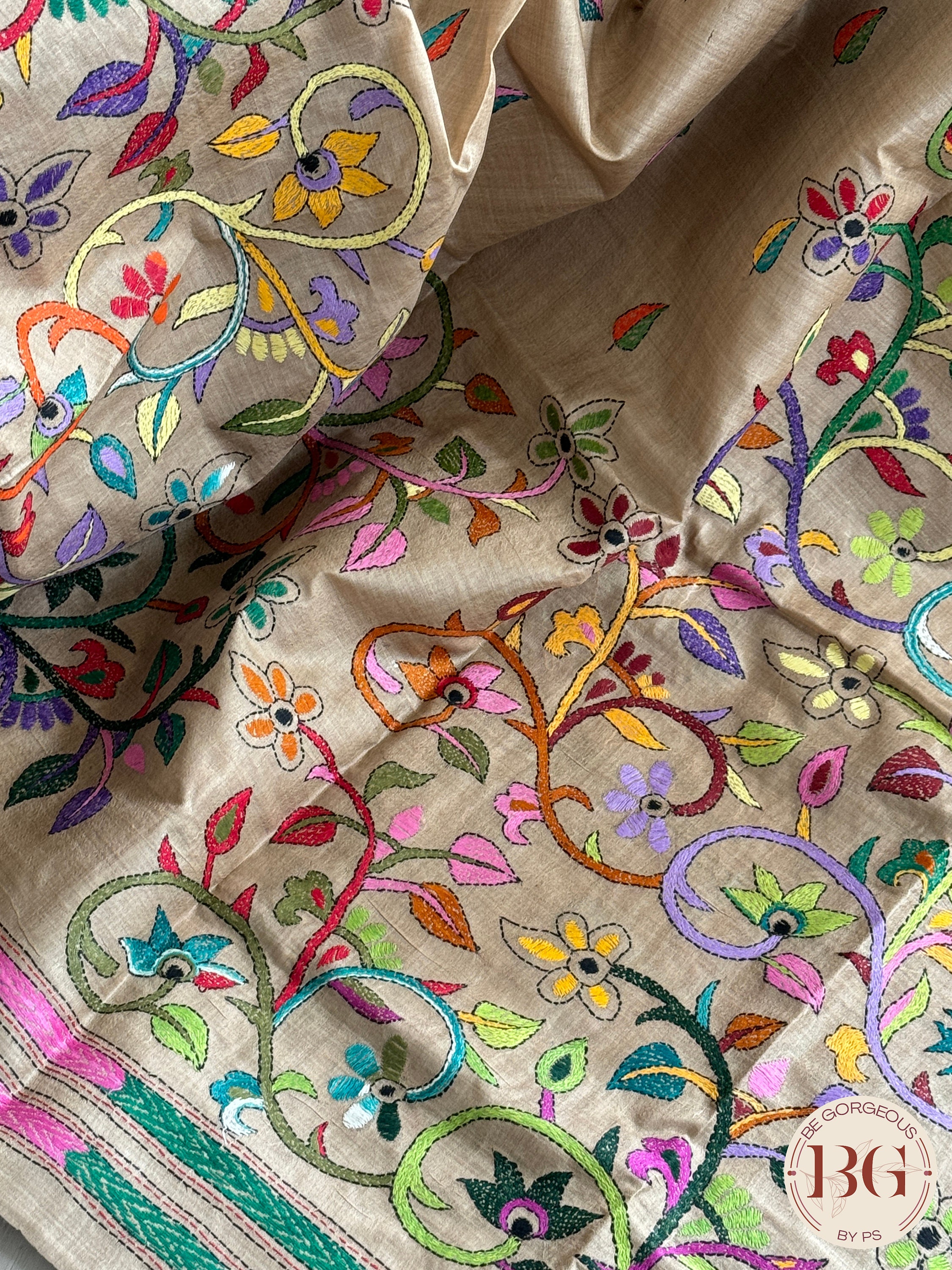 Beige - Tussar Silk Bengal Kantha Work Cushion Cover 16