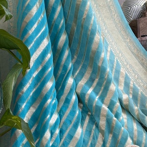 Banarasi Khaddi georgette saree - Blue Stripes