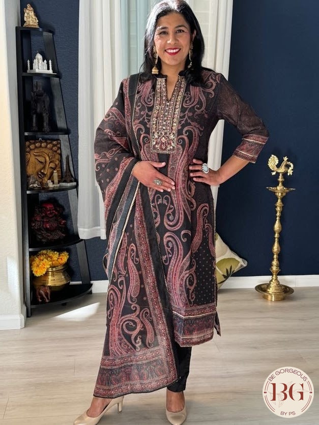 GREIGE KASHMIRI STYLE FLORAL PRINT SUIT SET main image 1