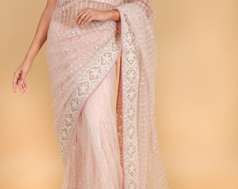 Net designer saree with thread embroidery and sequin work - pink color