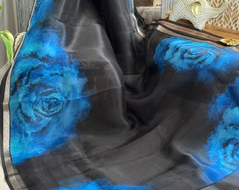 Organza Silk Saree with floral digital print - blue