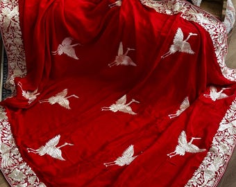 Hand Parsi Gara Embroidery on pure crepe silk - red