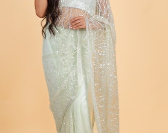 Net designer Saree with sequin work - green