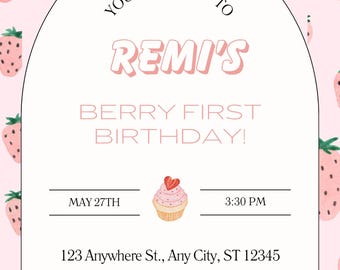 ベリーの1歳の誕生日招待状、カスタマイズ可能 ストロベリー、ピンク